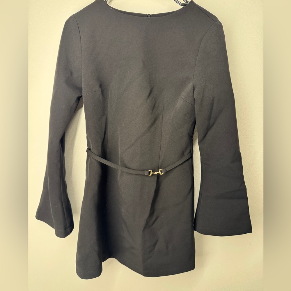 Commense Black Long Flare Sleeve Dress with gold belt
